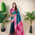 Teal Green Pink Banarasi Silk Saree Zari Floral Weaving Rich Contrast Pallu