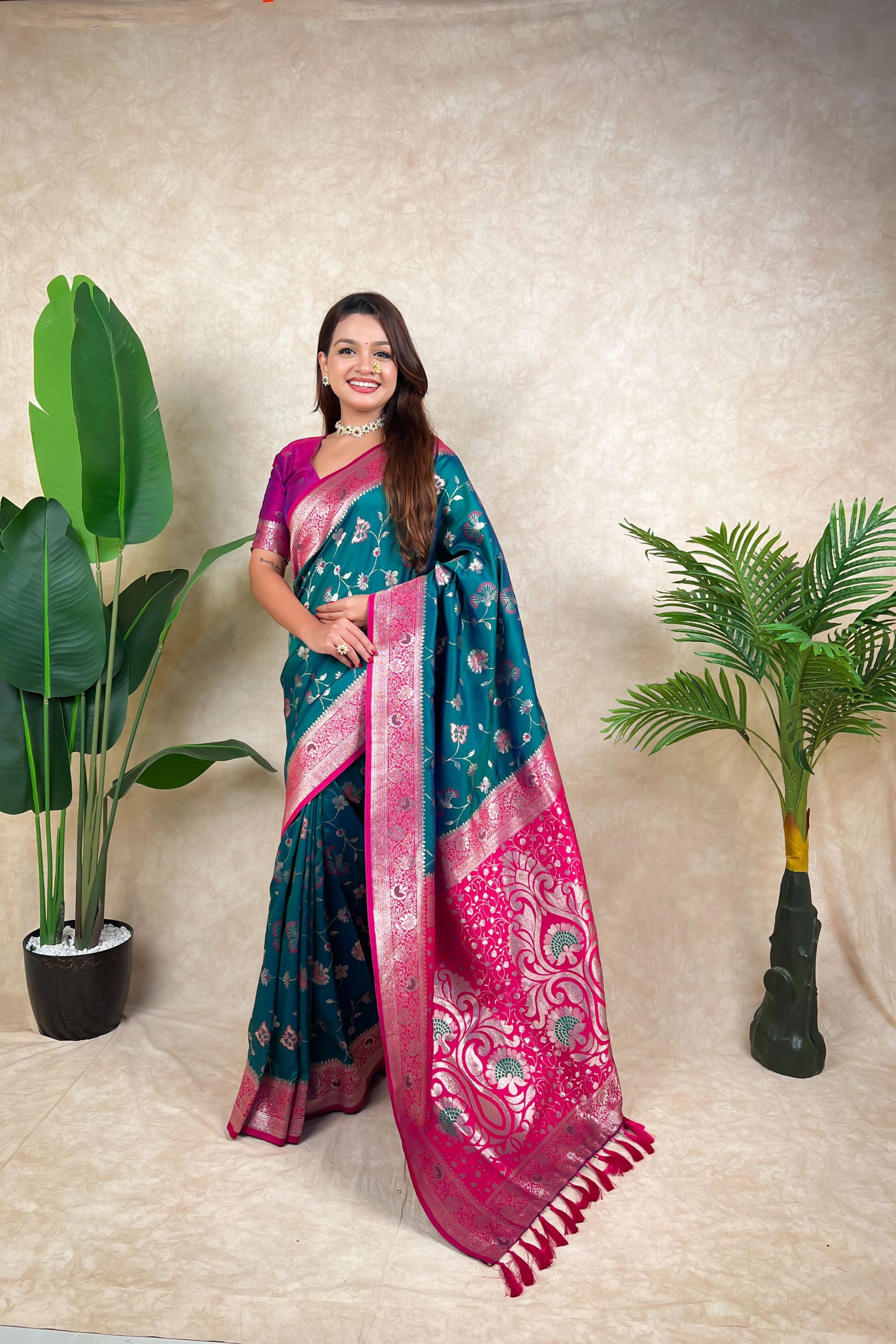 Teal Green Pink Banarasi Silk Saree Zari Floral Weaving Rich Contrast Pallu