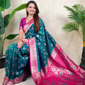 Teal Green Pink Banarasi Silk Saree Zari Floral Weaving Rich Contrast Pallu