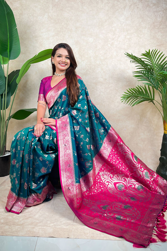 Teal Green Pink Banarasi Silk Saree Zari Floral Weaving Rich Contrast Pallu