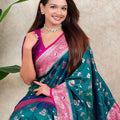 Teal Green Pink Banarasi Silk Saree Zari Floral Weaving Rich Contrast Pallu