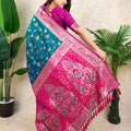 Teal Green Pink Banarasi Silk Saree Zari Floral Weaving Rich Contrast Pallu