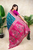 Teal Green Pink Banarasi Silk Saree Zari Floral Weaving Rich Contrast Pallu