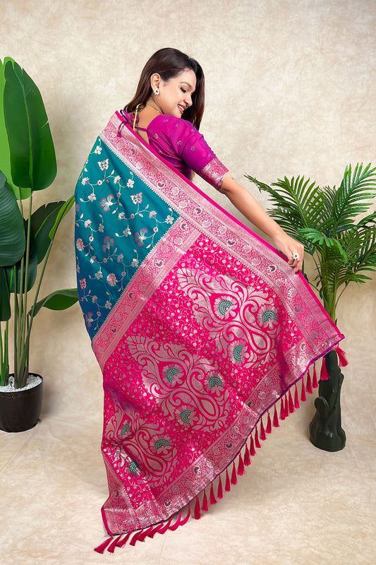 Teal Green Pink Banarasi Silk Saree Zari Floral Weaving Rich Contrast Pallu