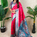 Pink Banarasi Silk Saree with Blue Zari Border Floral Weaving Saree