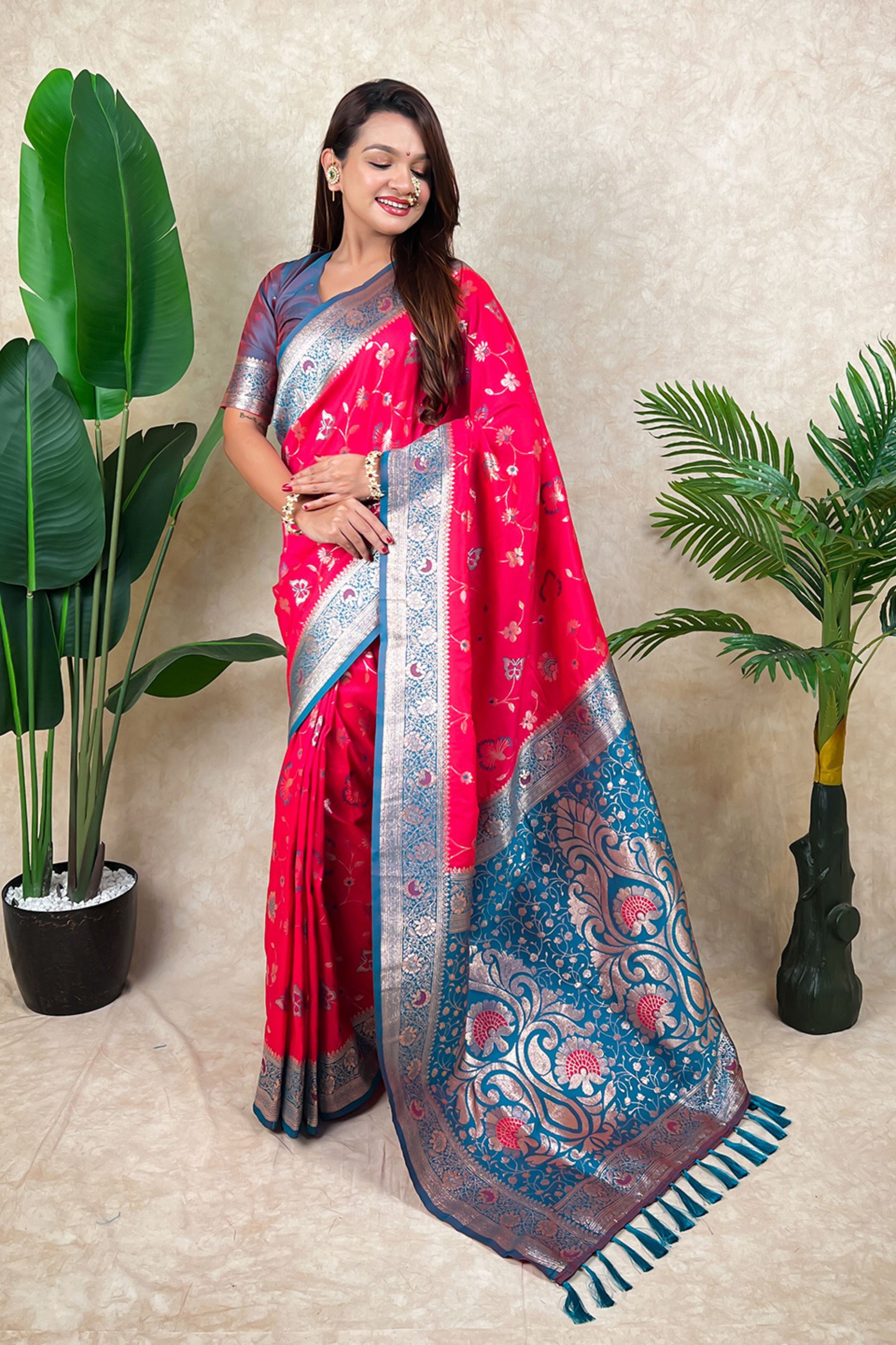 Pink Banarasi Silk Saree with Blue Zari Border Floral Weaving Saree