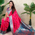 Pink Banarasi Silk Saree with Blue Zari Border Floral Weaving Saree