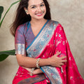 Pink Banarasi Silk Saree with Blue Zari Border Floral Weaving Saree