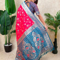 Pink Banarasi Silk Saree with Blue Zari Border Floral Weaving Saree