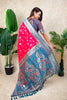 Pink Banarasi Silk Saree with Blue Zari Border Floral Weaving Saree