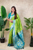 Green Banarasi Silk Saree with Blue Zari Border Floral Weaving Saree