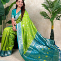 Green Banarasi Silk Saree with Blue Zari Border Floral Weaving Saree