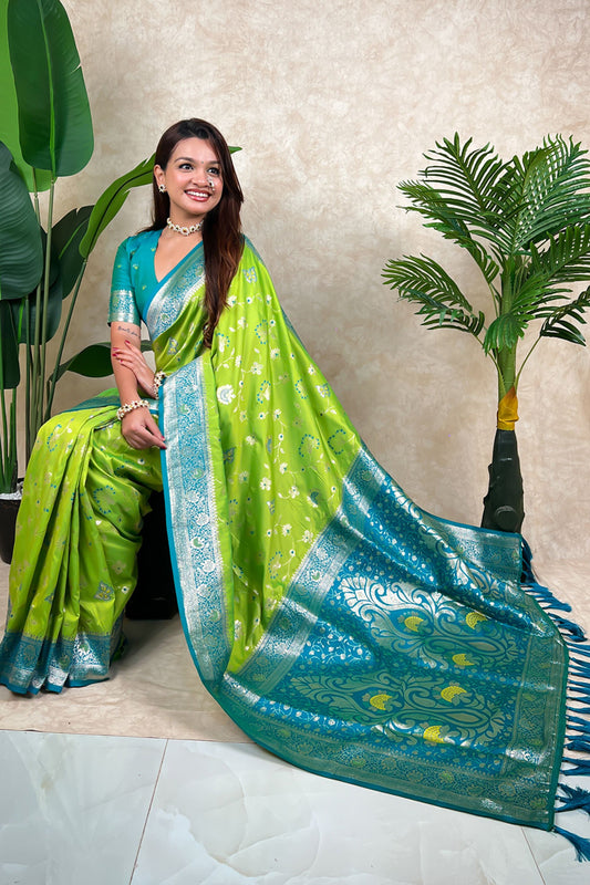 Green Banarasi Silk Saree with Blue Zari Border Floral Weaving Saree