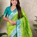 Green Banarasi Silk Saree with Blue Zari Border Floral Weaving Saree
