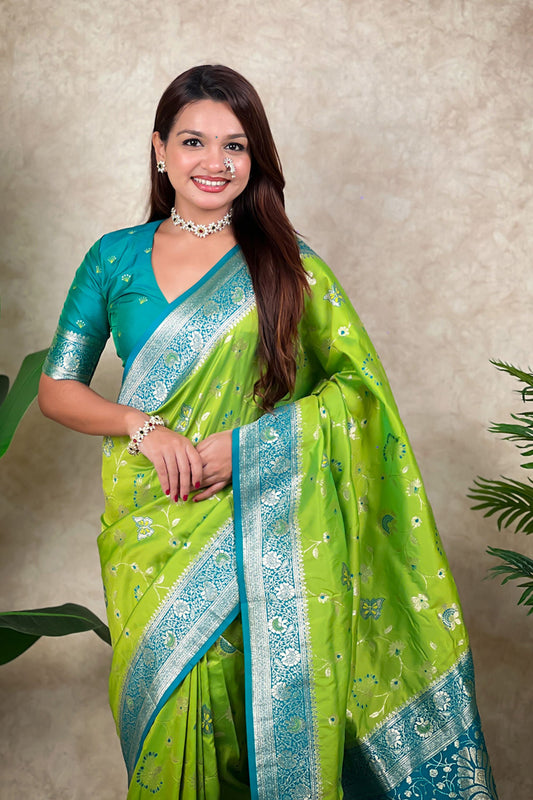 Green Banarasi Silk Saree with Blue Zari Border Floral Weaving Saree