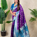 Purple Banarasi Silk Saree Blue Zari Border Floral Weaving Saree
