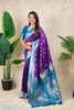 Purple Banarasi Silk Saree Blue Zari Border Floral Weaving Saree