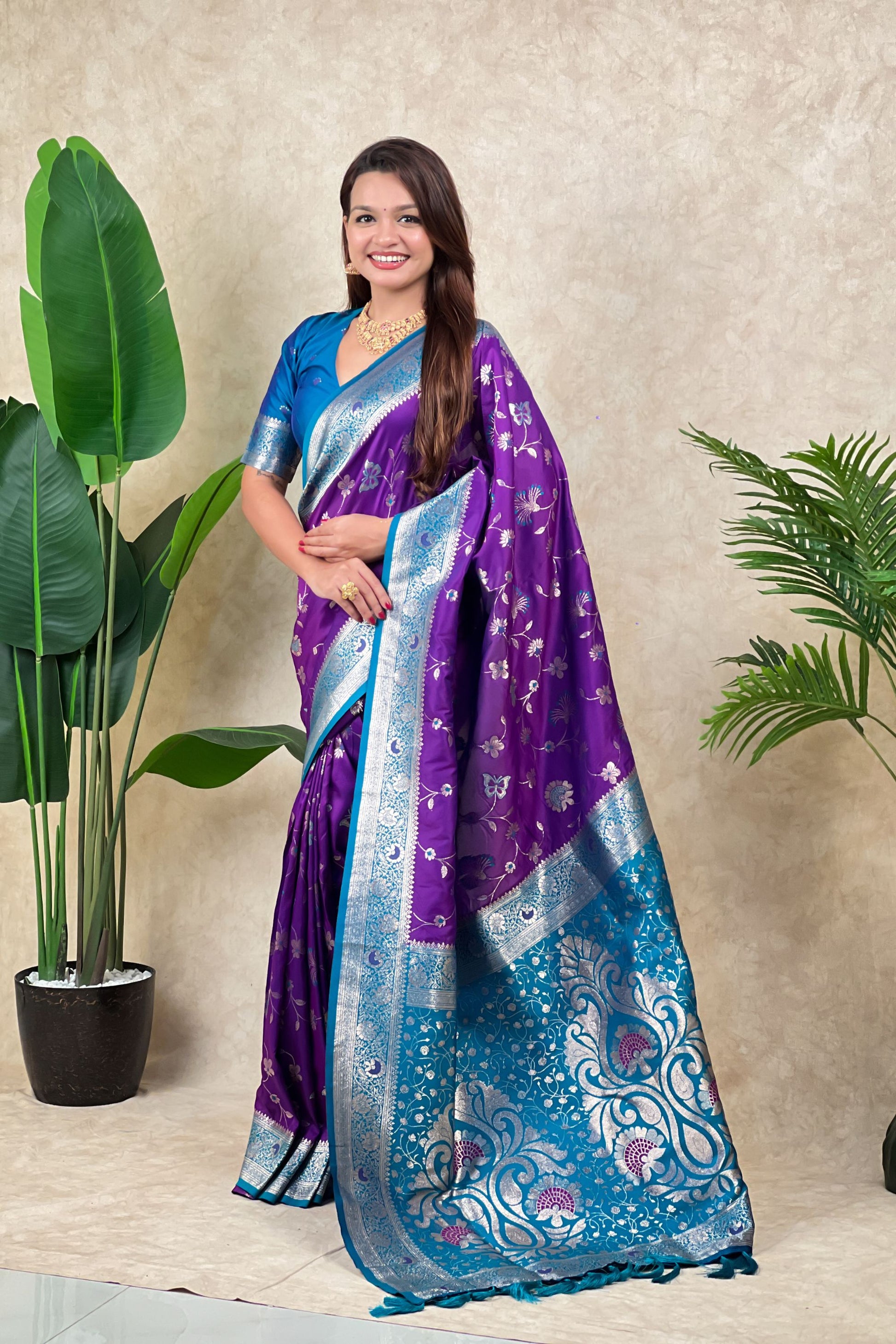 Purple Banarasi Silk Saree Blue Zari Border Floral Weaving Saree