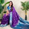 Purple Banarasi Silk Saree Blue Zari Border Floral Weaving Saree