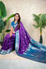 Purple Banarasi Silk Saree Blue Zari Border Floral Weaving Saree