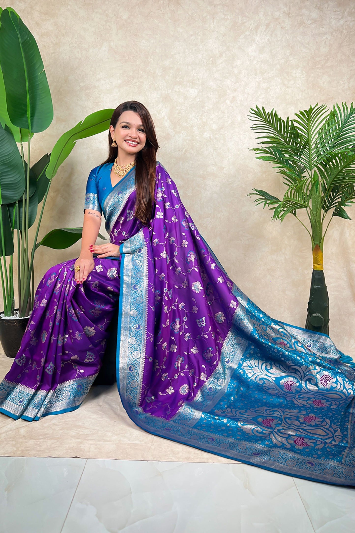 Purple Banarasi Silk Saree Blue Zari Border Floral Weaving Saree