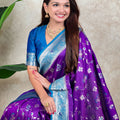 Purple Banarasi Silk Saree Blue Zari Border Floral Weaving Saree