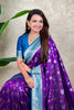 Purple Banarasi Silk Saree Blue Zari Border Floral Weaving Saree