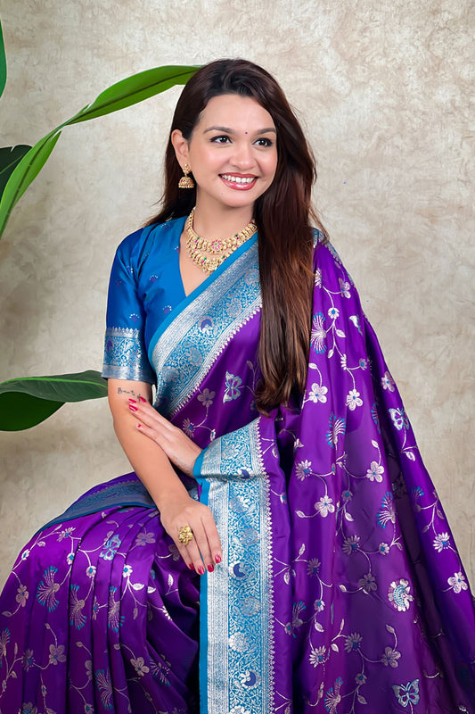 Purple Banarasi Silk Saree Blue Zari Border Floral Weaving Saree