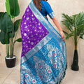 Purple Banarasi Silk Saree Blue Zari Border Floral Weaving Saree
