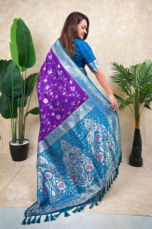 Purple Banarasi Silk Saree Blue Zari Border Floral Weaving Saree