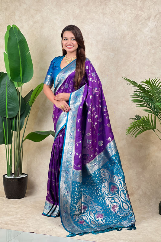 Purple Banarasi Silk Saree Blue Zari Border Floral Weaving Saree