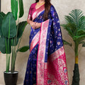 Navy Blue Banarasi Silk Saree Pink Zari Border Floral Weaving Saree