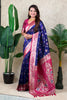 Navy Blue Banarasi Silk Saree Pink Zari Border Floral Weaving Saree