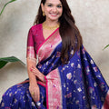 Navy Blue Banarasi Silk Saree Pink Zari Border Floral Weaving Saree