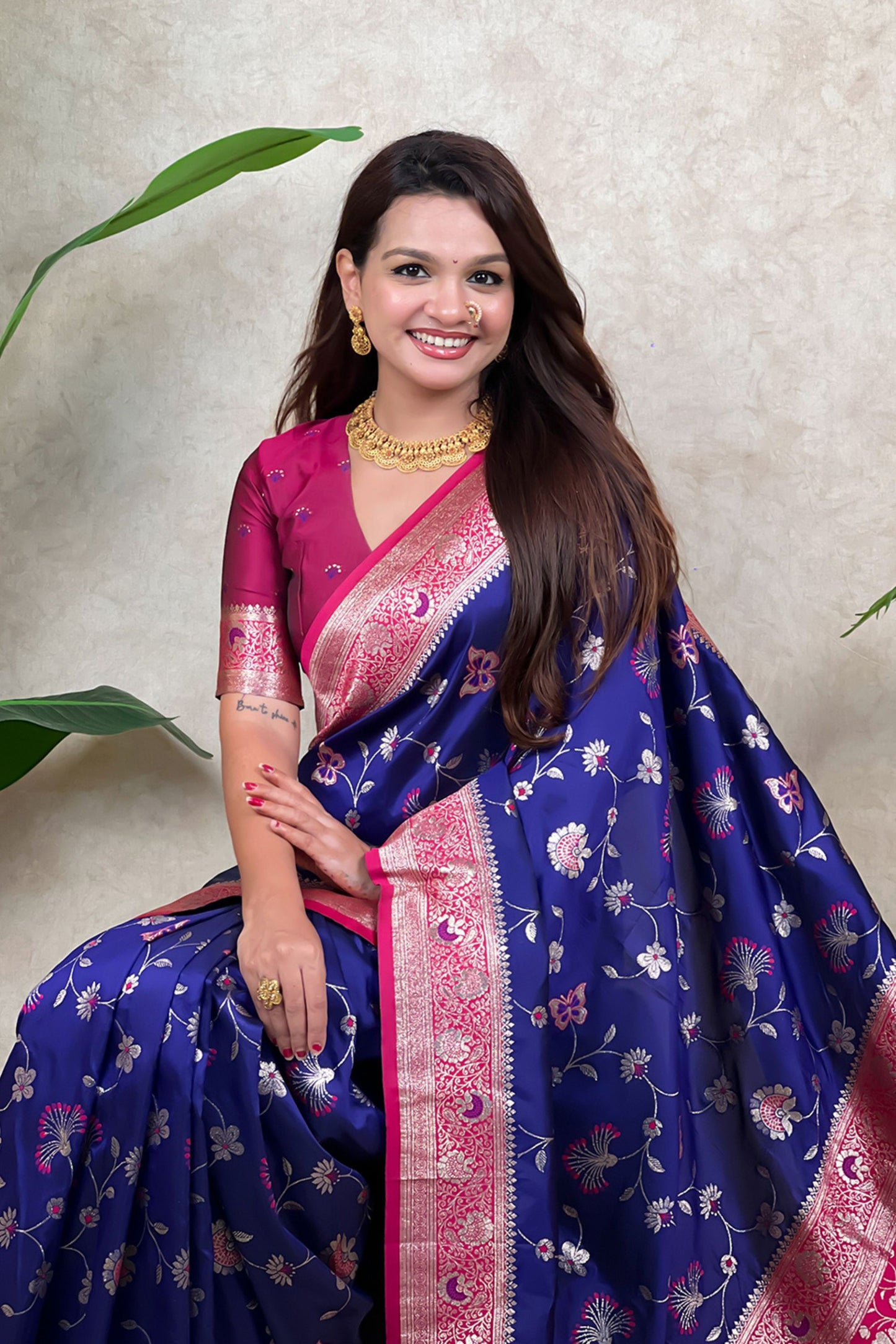 Navy Blue Banarasi Silk Saree Pink Zari Border Floral Weaving Saree