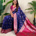 Navy Blue Banarasi Silk Saree Pink Zari Border Floral Weaving Saree