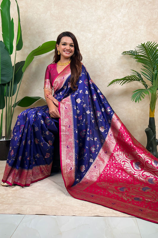 Navy Blue Banarasi Silk Saree Pink Zari Border Floral Weaving Saree