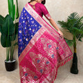 Navy Blue Banarasi Silk Saree Pink Zari Border Floral Weaving Saree