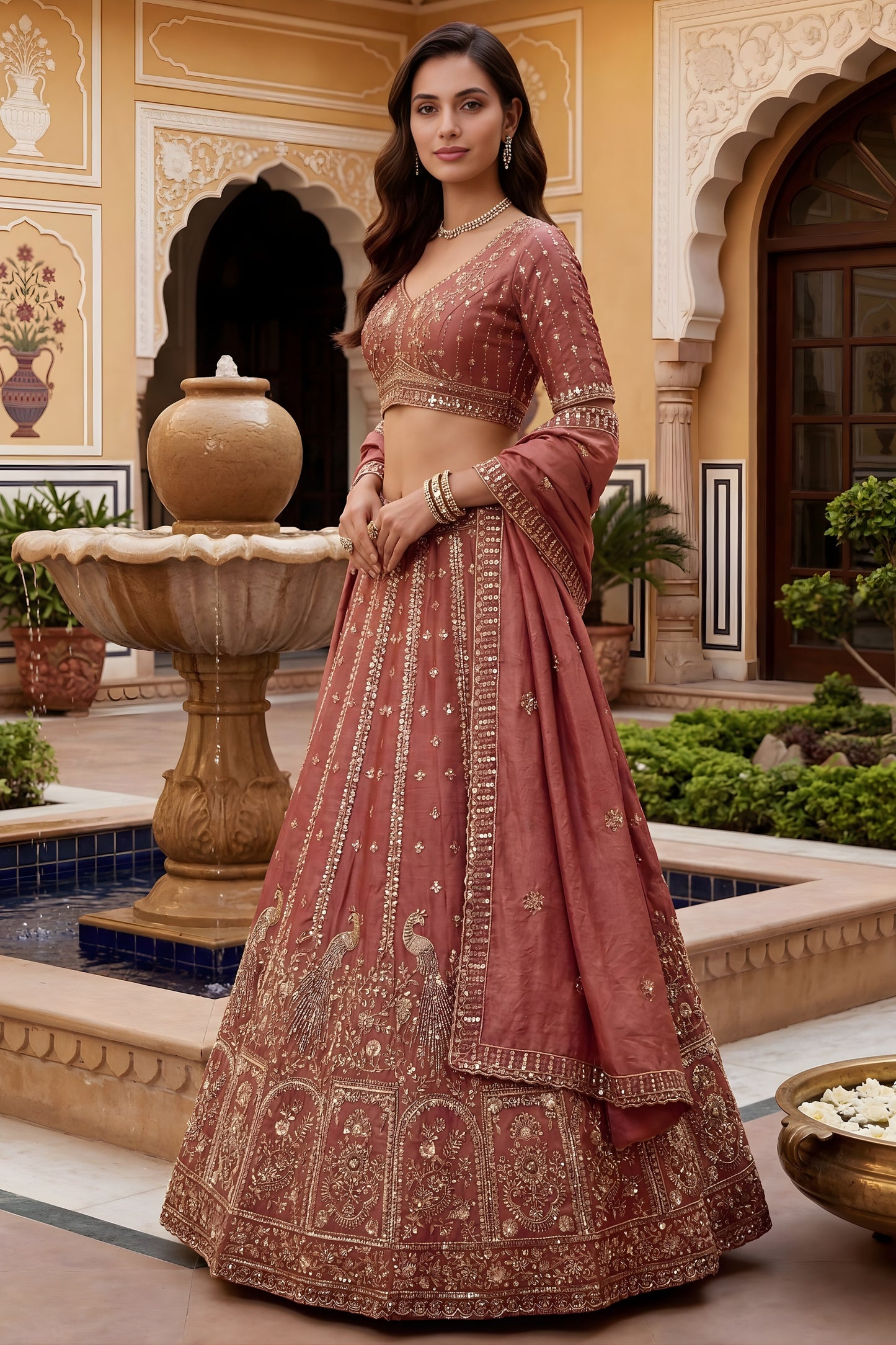 Elegant Peach Fendy Organza Silk Embroidered Wedding Wear Lehenga Choli with Dupatta