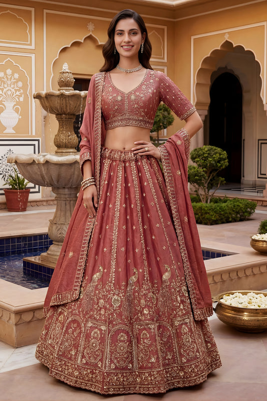 Elegant Peach Fendy Organza Silk Embroidered Wedding Wear Lehenga Choli with Dupatta