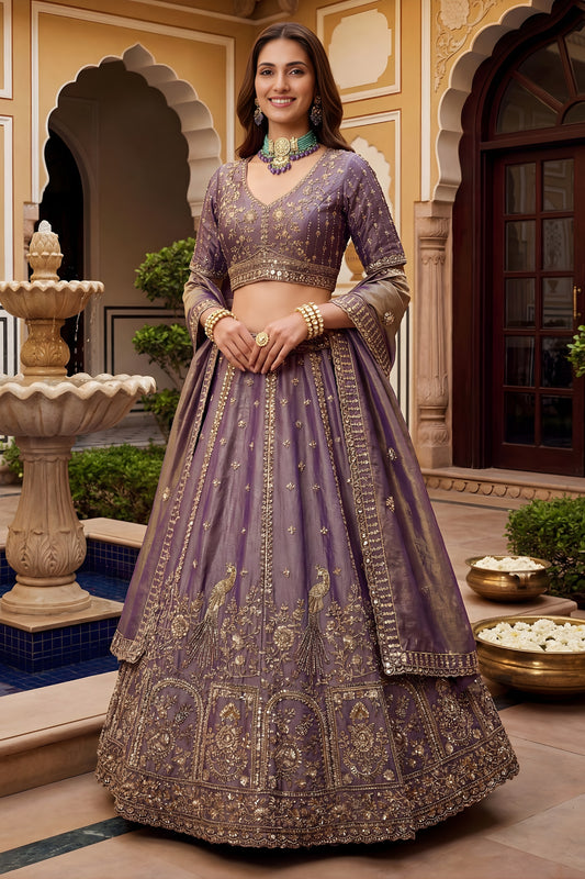 Trendy Purple Fendy Organza Silk Embroidered Wedding Wear Lehenga Choli with Dupatta