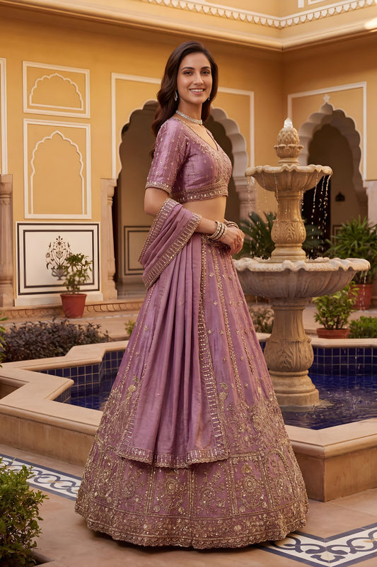 Graceful Mauve Fendy Organza Silk Embroidered Wedding Wear Lehenga Choli with Dupatta