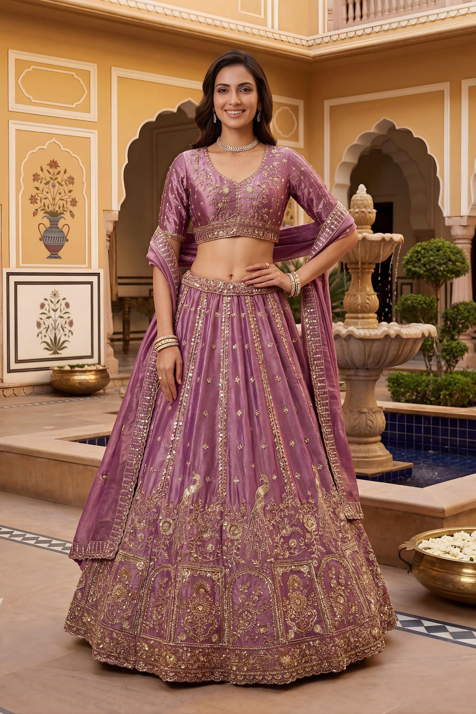  Graceful Mauve Fendy Organza Silk Embroidered Wedding Wear Lehenga Choli with Dupatta