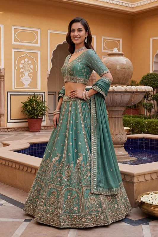 Stunning Teal Green Fendy Organza Silk Embroidered Wedding Wear Lehenga Choli with Dupatta