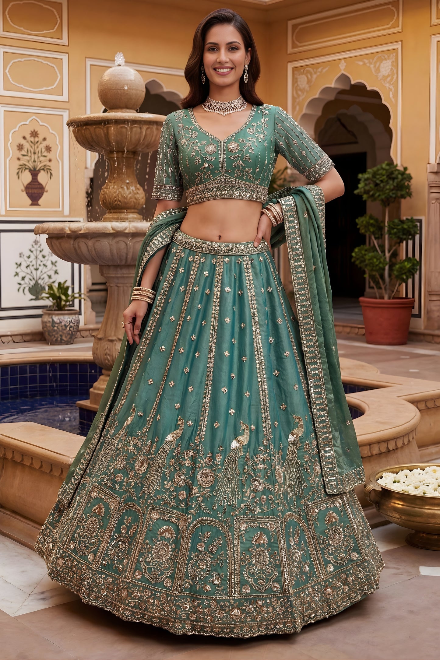 Stunning Teal Green Fendy Organza Silk Embroidered Wedding Wear Lehenga Choli with Dupatta