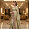Gold Silk Saree Floral Embroidery Border Designer Party Wear Saree