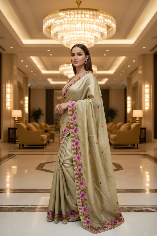 Gold Silk Saree Floral Embroidery Border Designer Party Wear Saree