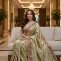 Gold Silk Saree Floral Embroidery Border Designer Party Wear Saree
