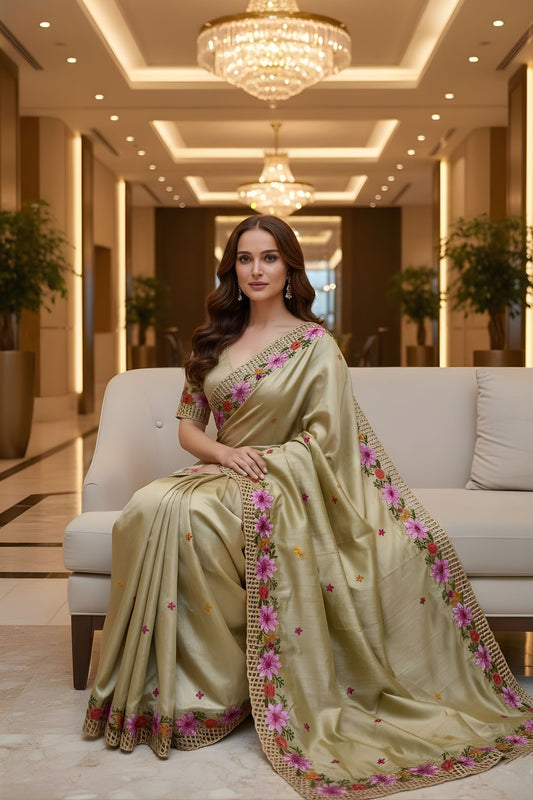 Gold Silk Saree Floral Embroidery Border Designer Party Wear Saree