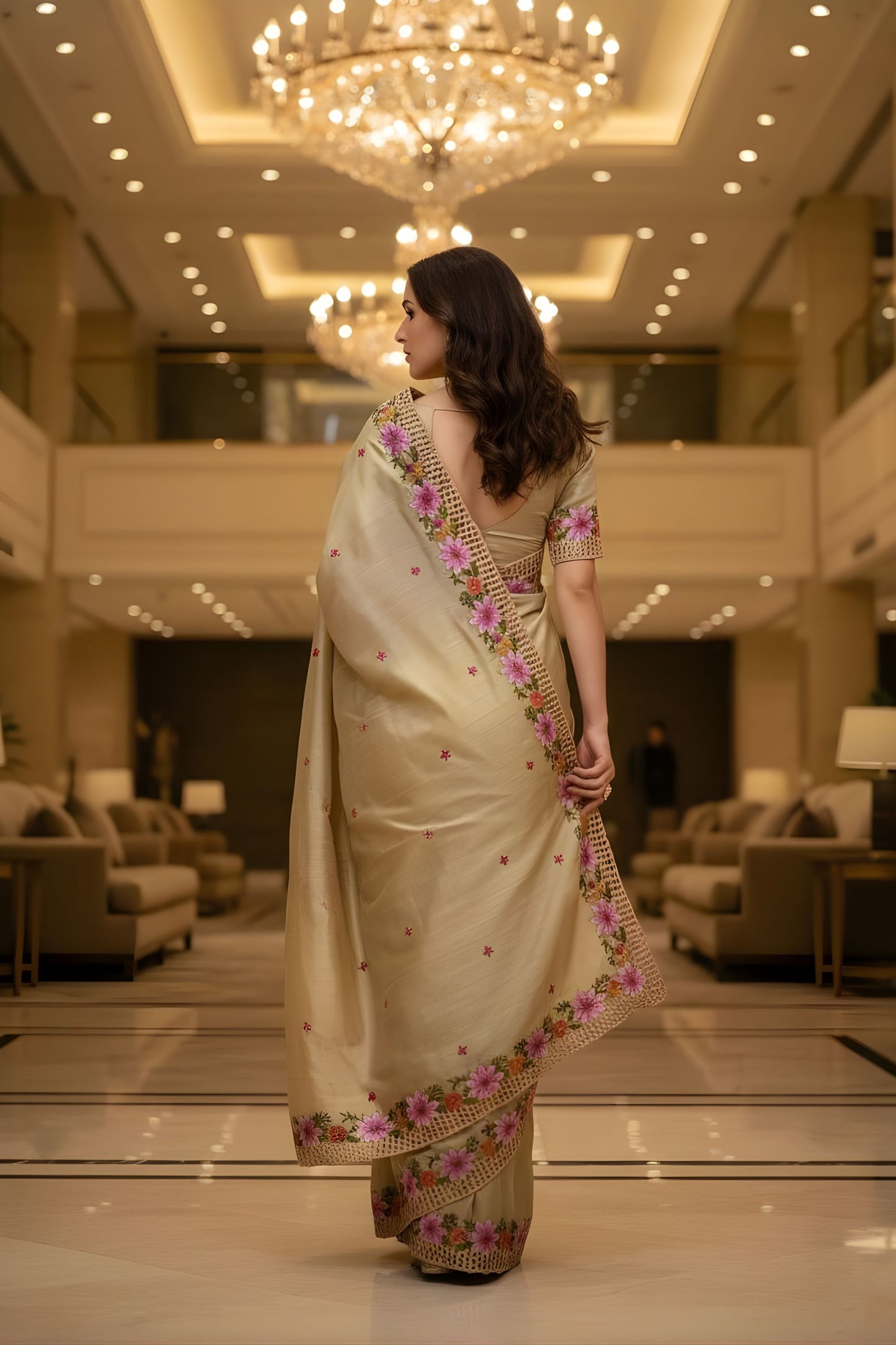 Gold Silk Saree Floral Embroidery Border Designer Party Wear Saree